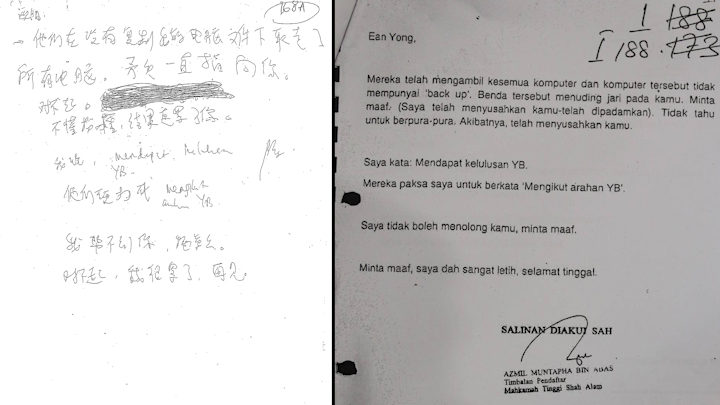 A handwritten note allegedly written by Beng Hock before his death and a Malay translation of the note presented in court