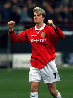 Beckham during his heyday in United, pictured here in 1999 after a 1-1 draw with mighty Inter Milan put them through to the semi-finals of the Champions League, which they would eventually win to complete a historic Treble.