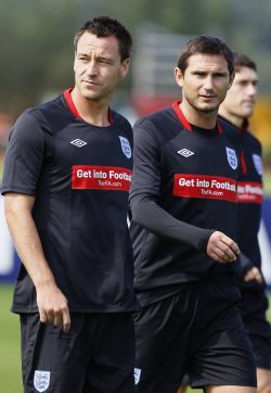 Terry and Lampard training ahead of England's friendly against Hungary. Lamps was spared most of the booing during the Community Shield days before the friendly, but Terry got quite an earful every time he got near the ball.