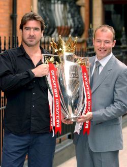 Cantona (left) might have earned his title as the best foreign player of the first decade of the Premire League (Alan Shearer, right, was the best domestic player), but his career in English atually football started with Leeds, one of United's traditional rivals.