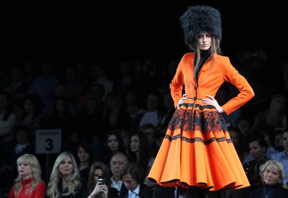 A model presents a creation by Russian designer Valentin Yudashkin at the Volvo Fashion Week Moscow 