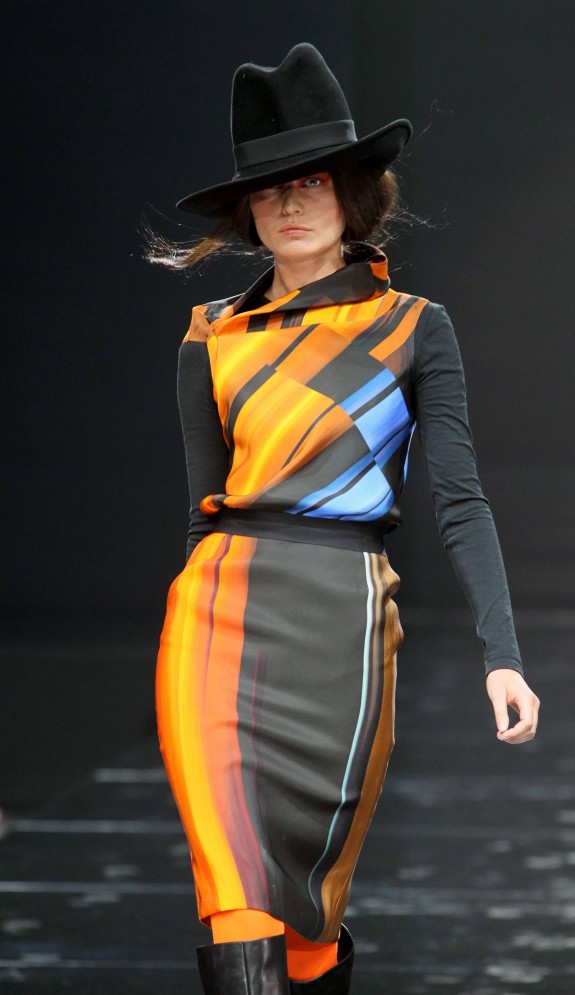 A model presents a creation by Russian designer Valentin Yudashkin at the Volvo Fashion Week Moscow Fall-Winter 2011, in Moscow, Russia