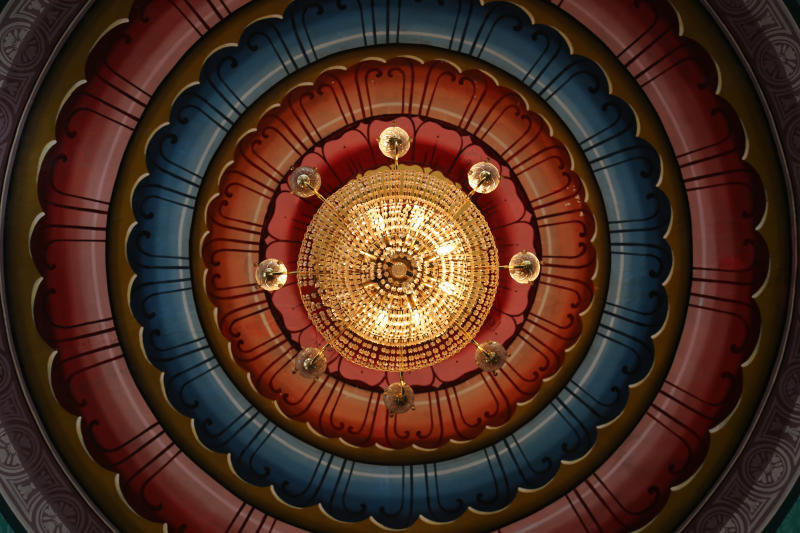 The ceiling of Sri Maha Mariamman Temple in Kuala Lumpur has very interesting combination of colors. 