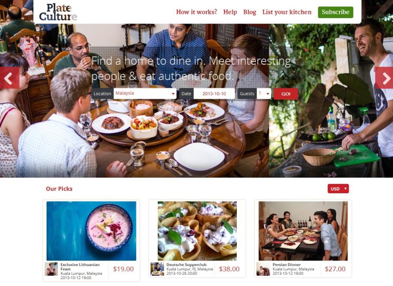 The PlateCulture website, where amateur chefs can sell authentic home-cooked dinners, prepared and served in the comfort of their own homes. 
