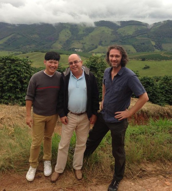 Coffee entrepreneurs Joey Mah (left) and Michael Wilson (right) with one of the coffee farmers they met while hunting for beans in Minas Gerais, Brazil.