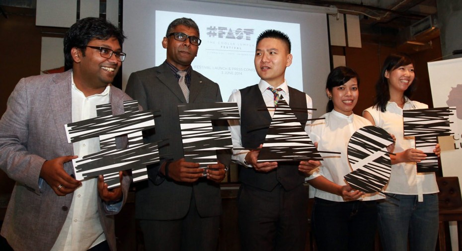 (From left to right) The Cooler Lumpur Festival literary director Umapagan Ampikaipakan, BMW Group Malaysia head of corporate communications Sashi Ambi, British Council Malaysia Arts manager Grey Yeoh, Makchic editor-in-chief Myra Mahyuddin and Low holding up this year’s Cooler Lumpur theme, #Fast, at the festival’s launch.