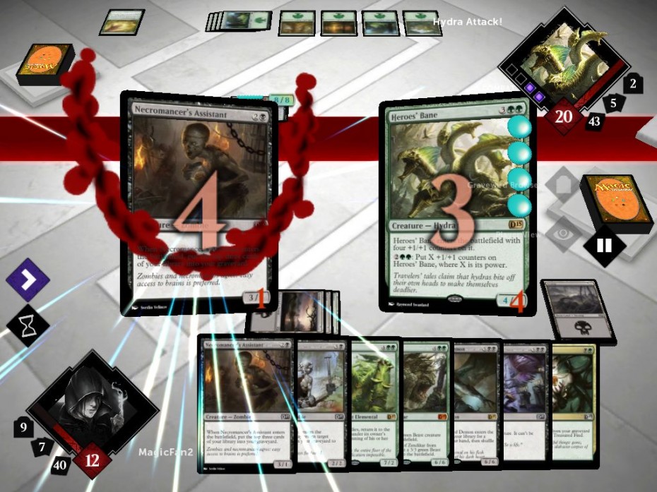 This screen grab of the Magic: The Gathering - Duels of the Planeswalkers online game depicts a battle scene between the player and an AI opponent.