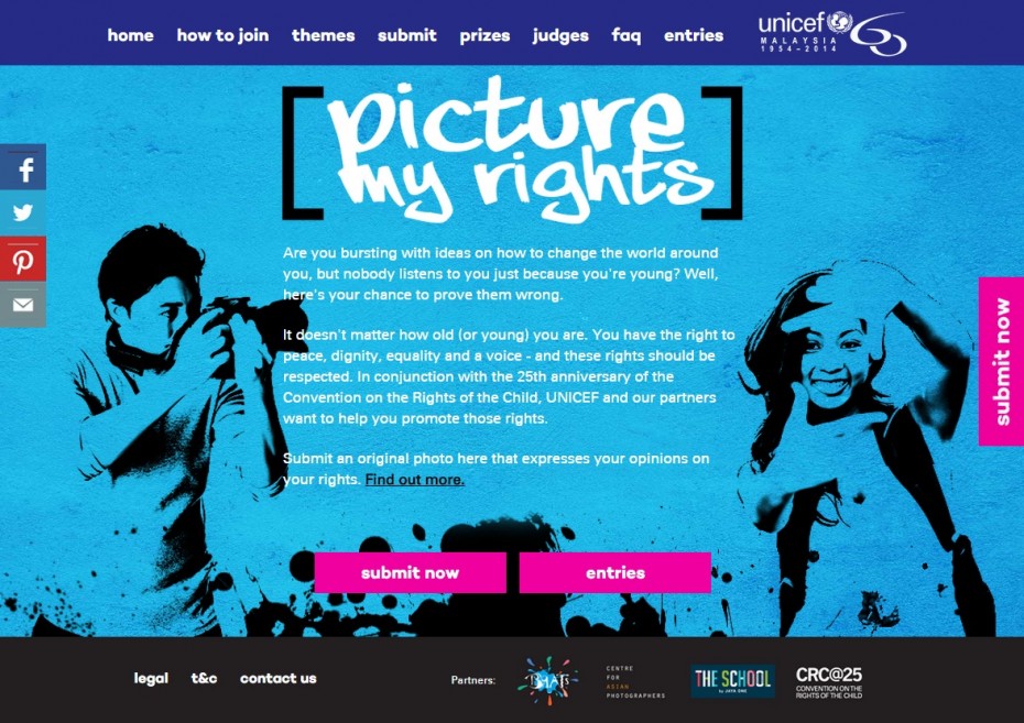 The Picture My Rights website (picturemyrights.unicef.my), where children aged 13-17 can submit entries for the photography competition, and find out more about their rights as children.