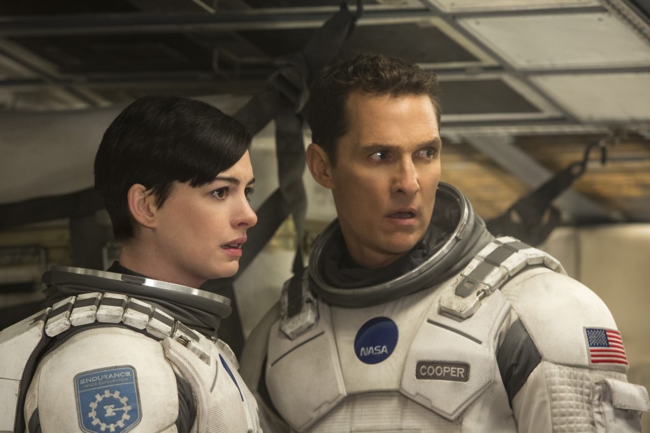 Interstellar, a sci-fi film by Christopher Nolan, stars Matthew McConaughey (right) and Anne Hathaway.