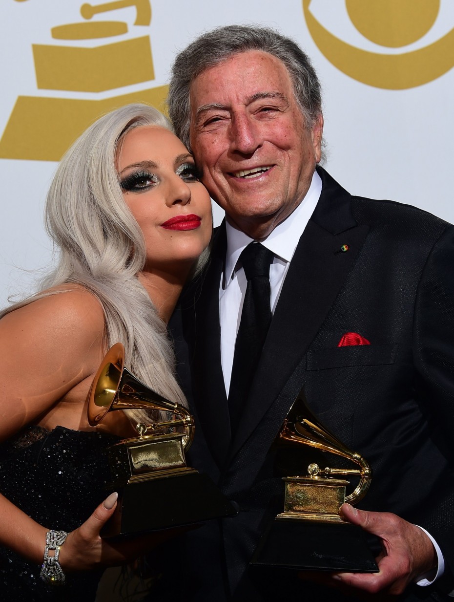 Lady Gaga and Tony Bennett go Cheek to Cheek after accepting their award for Best Traditional Pop Vocals. - Photo by AFP