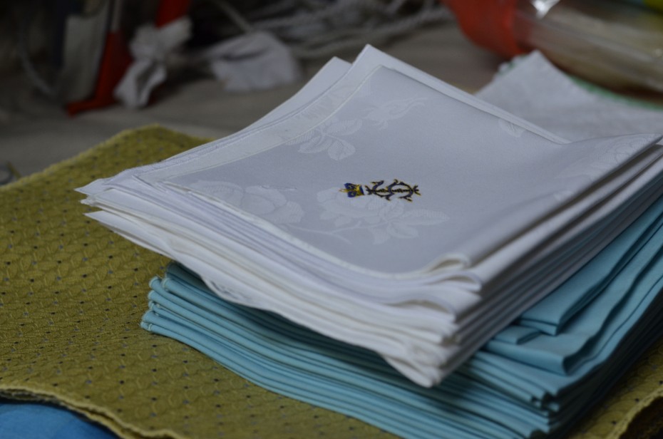 Napkins bearing the Sultan of Johor's emblem, after being hand-washed and ironed at Kedai Dobi Shanghai.