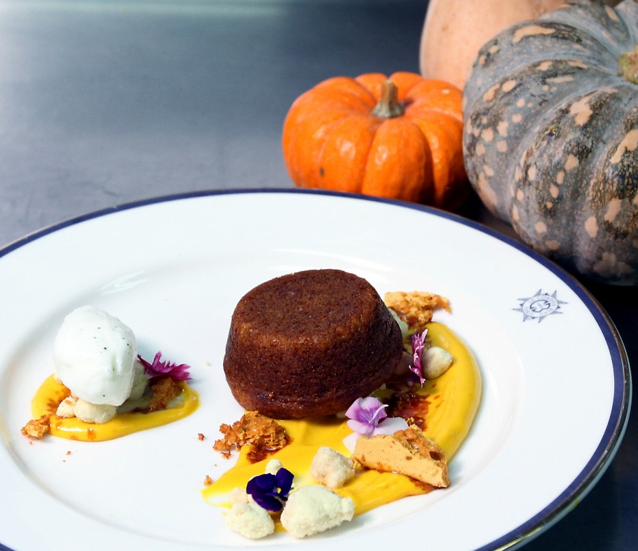 Kuek's pumpkin loaf with pumpkin ganache and sorbet is a pretty sight for the eyes.